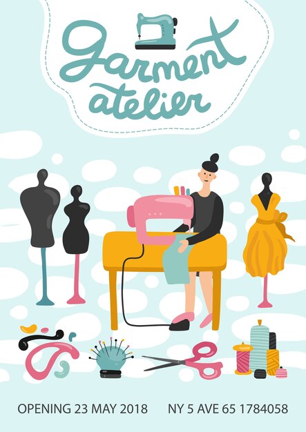 Cartaz publicitário do ateliê de roupas com endereço, número de telefone e data de inauguração