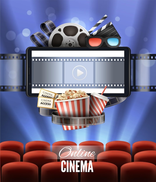 Cartaz realista de cinema online com assentos de óculos 3d de pipoca de tela ilustração vetorial