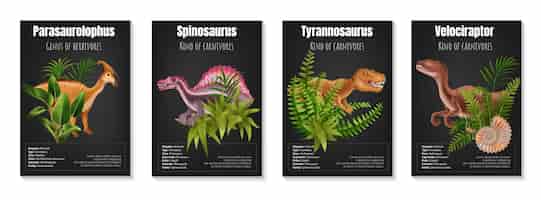 Vetor grátis cartaz realista de dinossauros herbívoros e carnívoros com informações sobre parasaurolophus spinosaurus tiranossauro e velociraptor na ilustração vetorial isolada de fundo preto