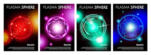 Vetor grátis cartaz realista de esfera de plasma elétrico com quatro fundos verticais isolados com matéria colorida e ilustração vetorial de texto