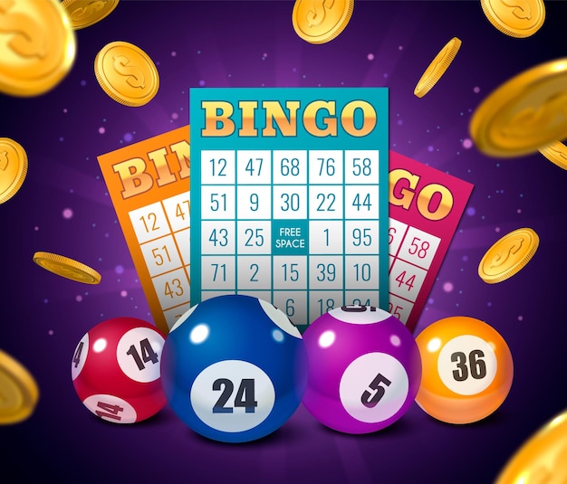 Cartaz realista de jogo de bingo com bilhetes de loteria e bolas coloridas em fundo com ilustração vetorial de moedas caindo