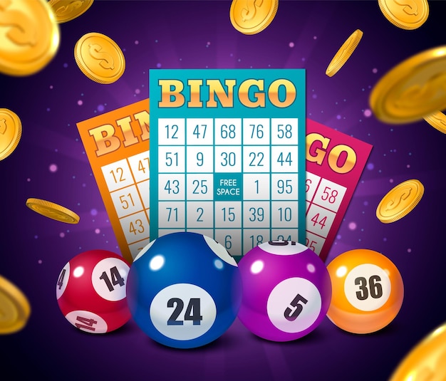 Banner de sinal de loteria de bingo em fundo escuro. bolas coloridas,  bilhetes de loteria, confetes e moedas de dinheiro do vencedor do jackpot.  conceito de grande vitória do jogo online. eps