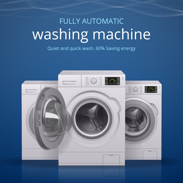 Cartaz realista de máquina de lavar roupa com ilustração de símbolos de lavagem silenciosa e rápida