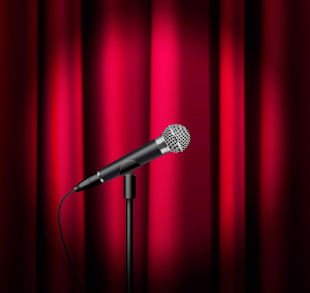 Vetor grátis cartaz realista de microfone com equipamento de áudio na ilustração vectro de fundo de cortina vermelha