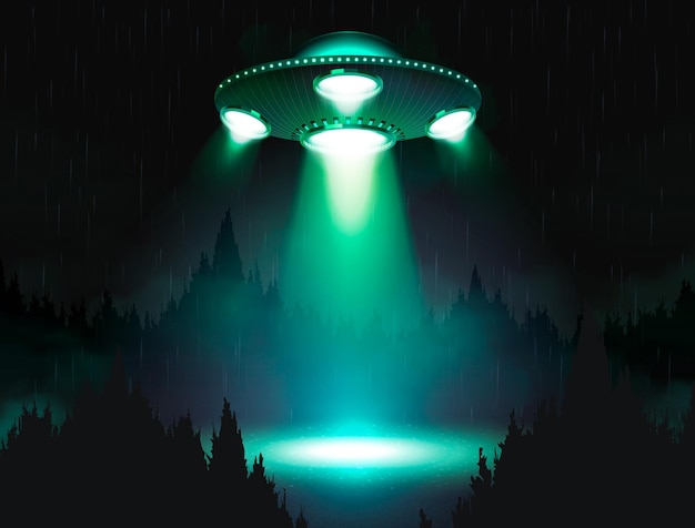 Vetor grátis cartaz realista de nave espacial ufo com espaçonave alienígena sob ilustração vetorial de floresta noturna