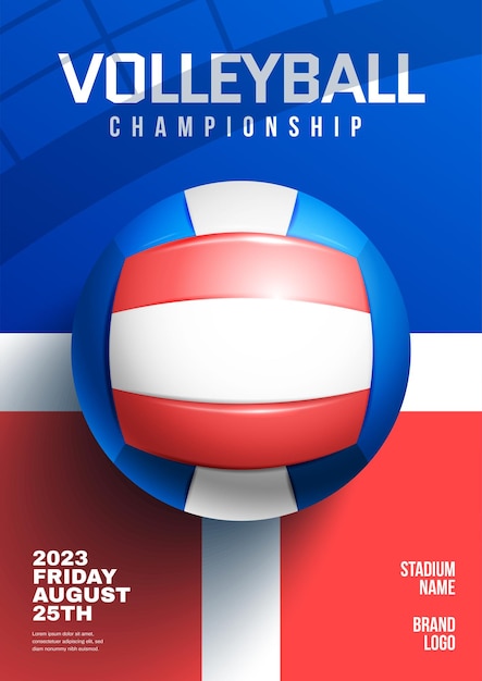 Cartaz vertical realista de anúncio de jogo de campeonato de vôlei com bola em ilustração vetorial de cores brancas e vermelhas azuis