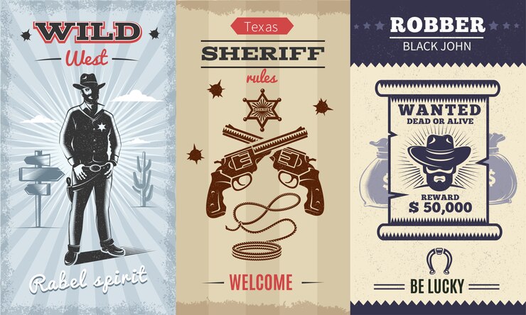 Vetor grátis cartaz vertical vintage oeste selvagem com cowboy na paisagem do deserto cruzou xerife revólveres
