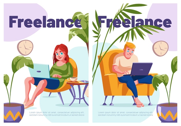 Vetor grátis cartazes autônomos de desenhos animados freelancers relaxados