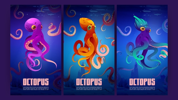 Vetor grátis cartazes com polvos debaixo d'água no mar vector banners verticais com ilustração dos desenhos animados da paisagem do fundo do oceano com animais marinhos gigantes com ventosas em tentáculos em água azul