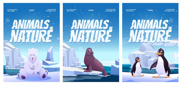 Vetor grátis cartazes de animais na natureza com urso polar pinguim e foca.