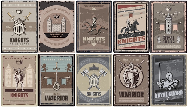 Vetor grátis cartazes de cavaleiros medievais em cores vintage com guerreiros espadas capacete castelo fortaleza machados torre trombetas isoladas