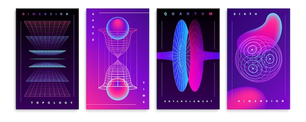Cartazes de cor neon verticais realistas com formas 3d abstratas ilustração vetorial isolada