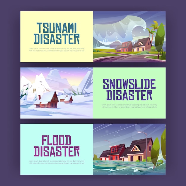 Vetor grátis cartazes de desastres de deslizamento de neve e tsunami de inundação