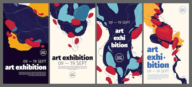 Vetor grátis cartazes de exposições de arte com design de pintura abstrata vector panfletos de convite de banners verticais para museu ou galeria com fundo criativo moderno com bolhas de tinta colorida e formas desenhadas à mão