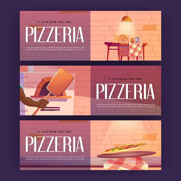 Vetor grátis cartazes de pizzaria com forno de pizza interior de restaurante e escápula banners horizontais vetoriais com ilustração de desenho animado de aconchegante café italiano ou cafeteria com fogão de tijolo