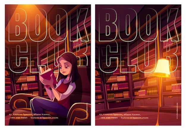 Vetor grátis cartazes do clube do livro com interior da biblioteca e menina lendo na cadeira