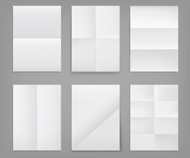Cartazes dobrados, folhas de papel branco em branco com textura enrugada