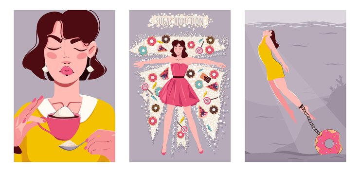 Vetor grátis cartazes isolados planos de vício em açúcar com mulheres acorrentadas a rosquinhas doces com desejo de sobremesas ilustração do vetor