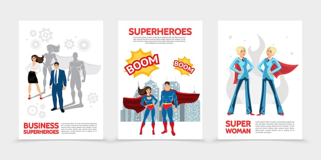 Vetor grátis cartazes planos de personagens de super-heróis com super-heróis fantasiados e capas de balões de fala