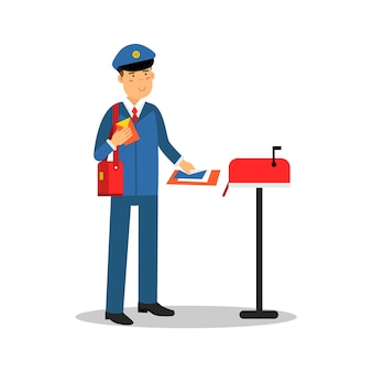 Carteiro com uniforme azul, colocando letras na caixa de correio, ilustração vetorial de personagem de desenho animado isolada em um fundo branco
