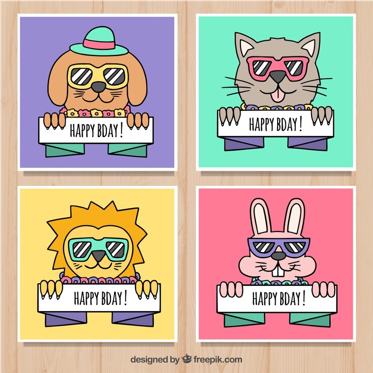 Vetor grátis cartões de aniversario coloridos desenhados a dedo com animais