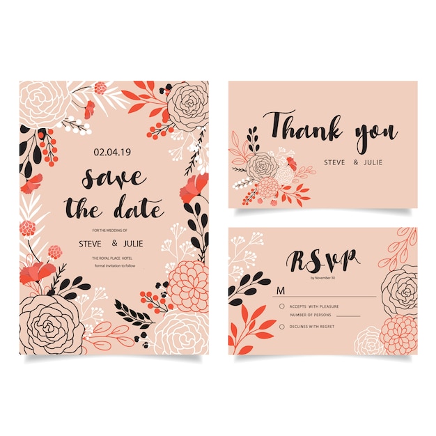 Vetor grátis cartões de casamento cor-de-rosa com flores