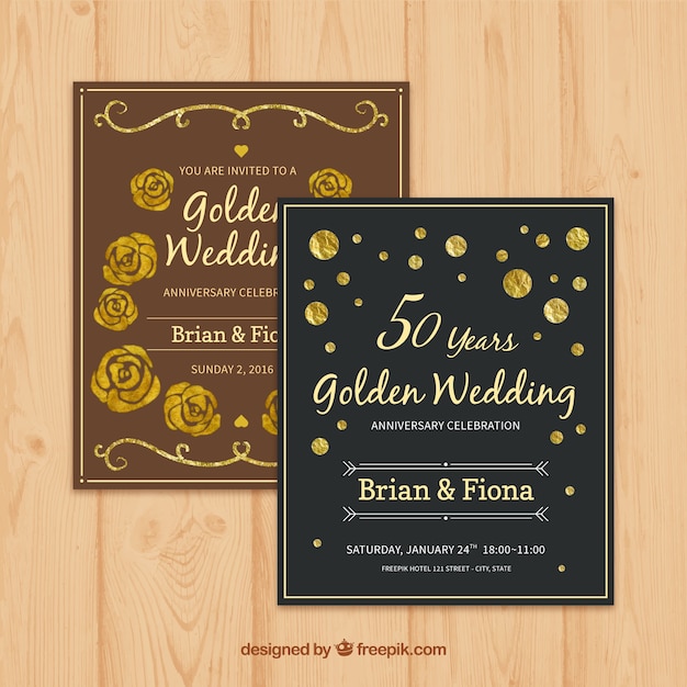 Cartões de casamento dourado elegantes e bonitos