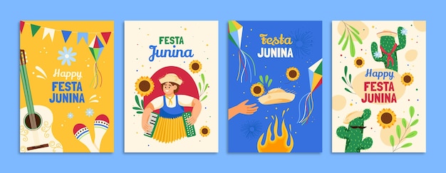 Cartões de festas juninas planos desenhados à mão