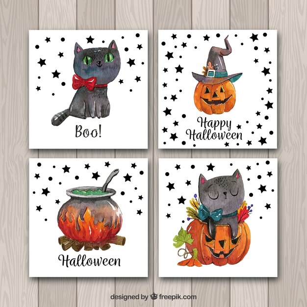 Cartões de Halloween com gato bonito e aquarela de abóbora