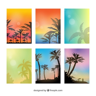 Cartões de verão gradiente com palmas de silhueta