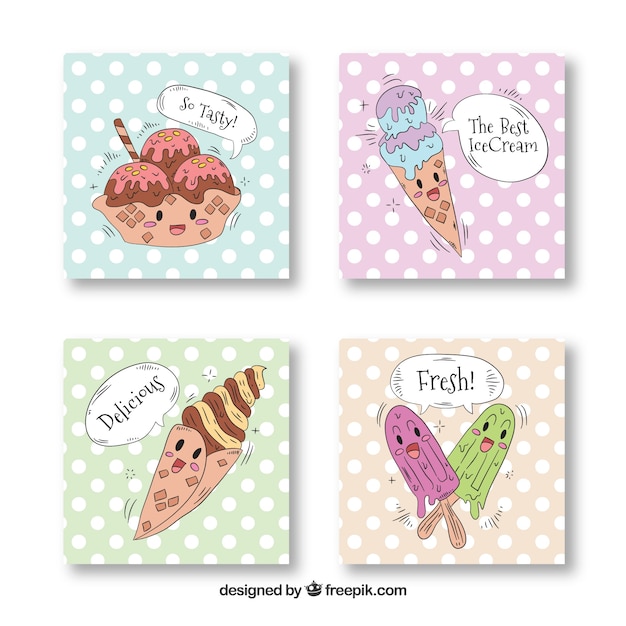 Vetor grátis cartões pontilhados com excelentes personagens de sorvete