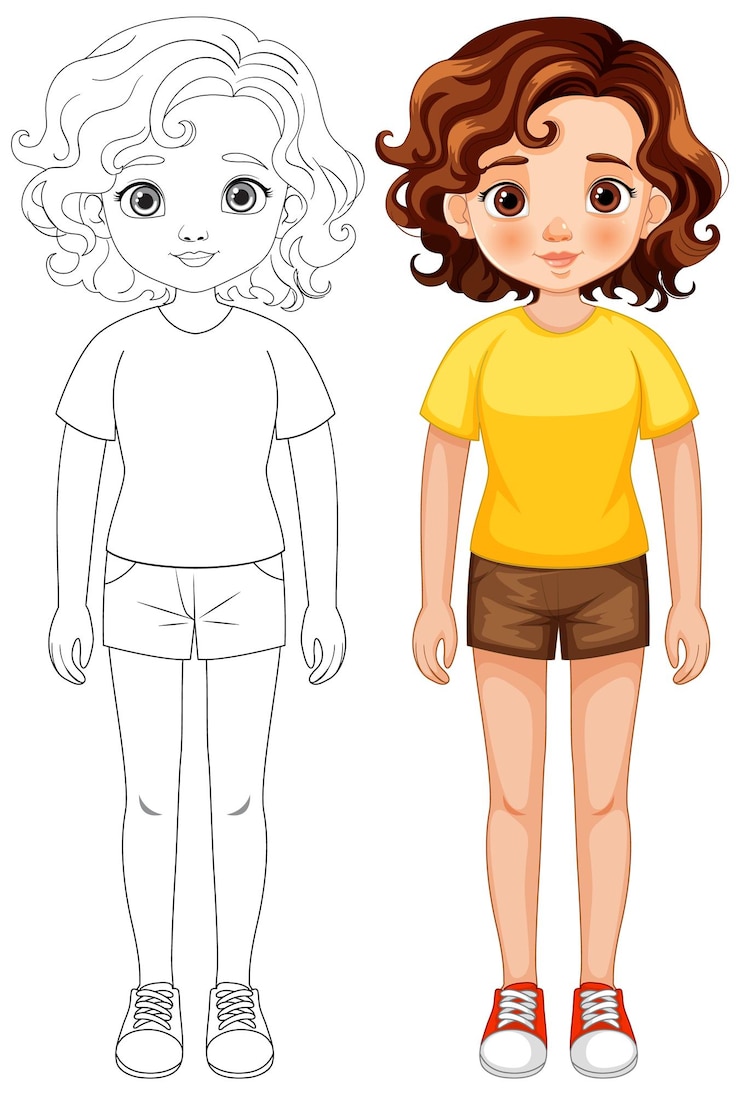 Vetor grátis cartoon girl antes e depois da coloração
