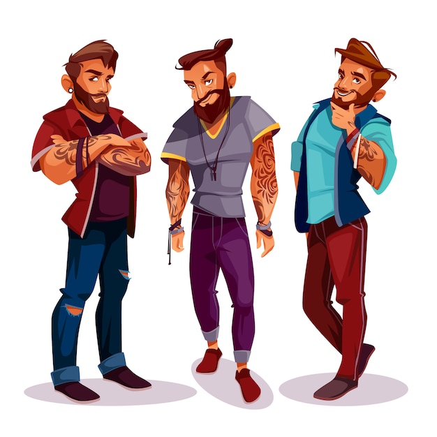 cartoon hipsters árabes - companhia de jovens com tatuagens, roupas da moda.