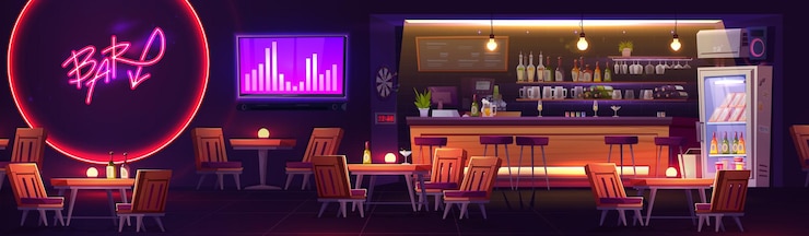 Vetor grátis cartoon night bar design de interiores vetor ilustração de pub com mesas e cadeiras copos de coquetel em garrafas de balcão de bebidas alcoólicas em prateleiras geladeira tela de tv e dardos na parede
