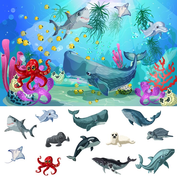 Vetor grátis cartoon sea and ocean fauna concept