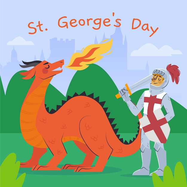 Vetor grátis cartoon st. ilustração do dia de george com cavaleiro e dragão