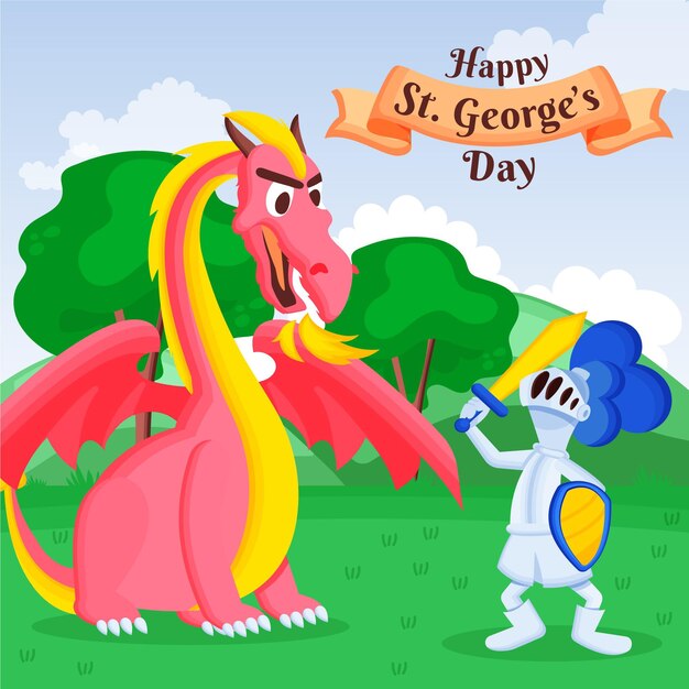 Vetor grátis cartoon st. ilustração do dia de george com dragão e cavaleiro