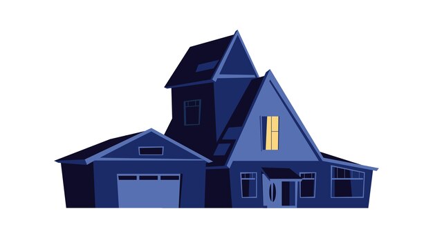 Casa à noite, construção com janelas brilhantes no escuro, ilustração dos desenhos animados