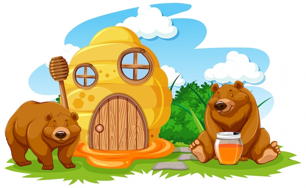 Casa de favo de mel com estilo de desenho animado de dois ursos em fundo branco