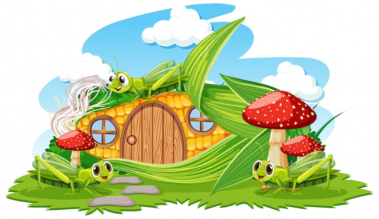 Vetor grátis casa de milho com estilo cartoon de três grasshoper em fundo branco