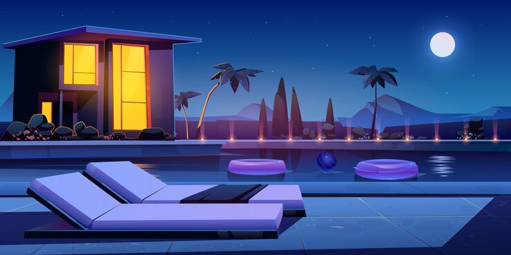 Vetor grátis casa e piscina à noite