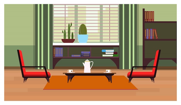 Vetor grátis casa interior com mesa de café, janela e prateleiras com livros