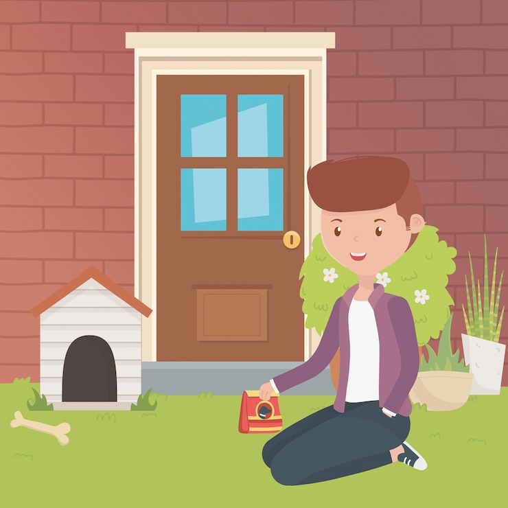 Vetor grátis casa para mascote e desenho de menino dos desenhos animados