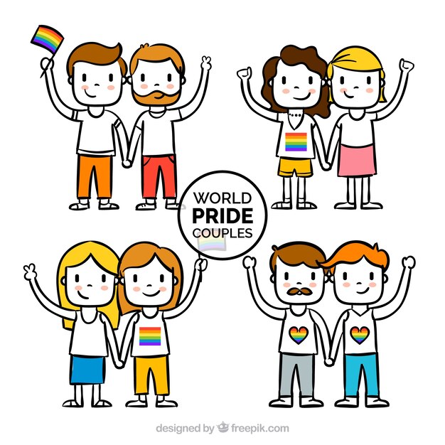 Casais desenhados mão com bandeira do orgulho gay