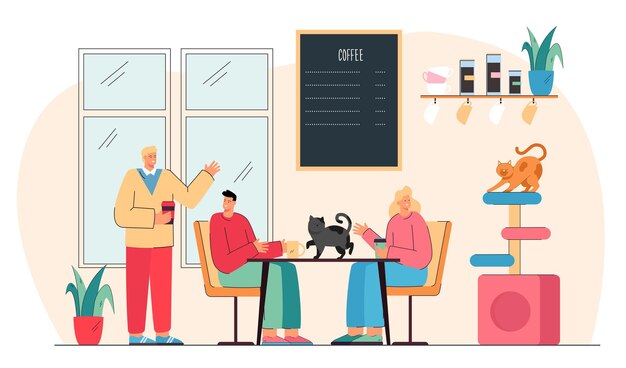 Casal bonito dos desenhos animados tomando café em um café para gatos