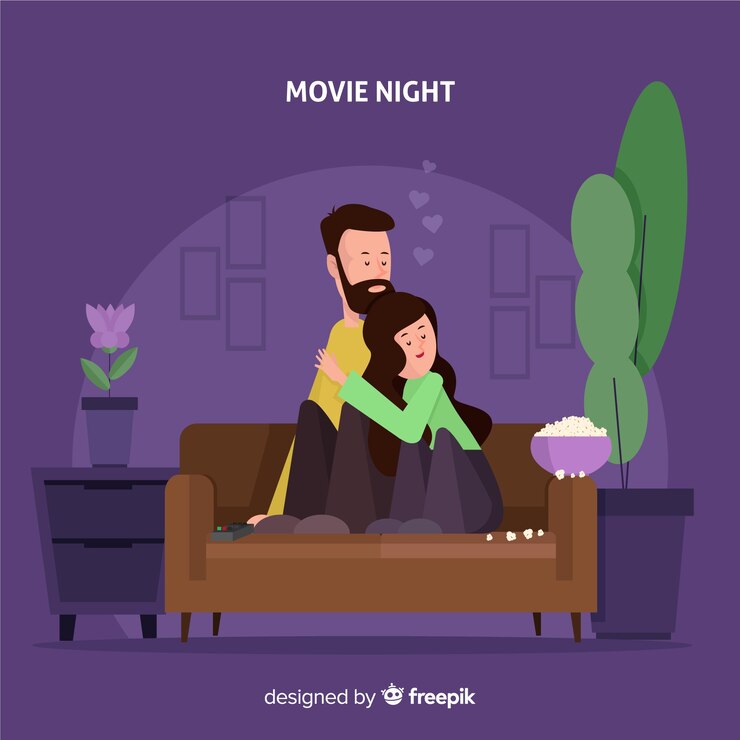 Vetor grátis casal bonito em uma noite de cinema abraçando no sofá