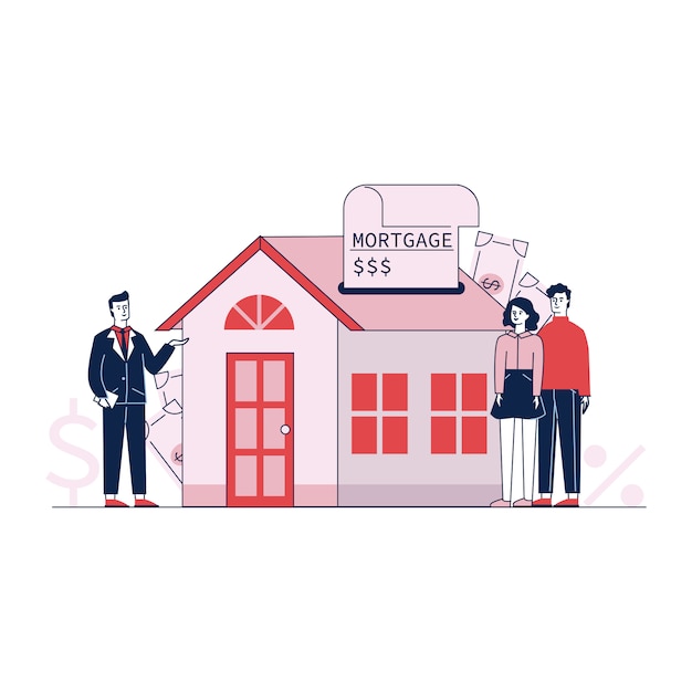 Vetor grátis casal compra casa imóvel com ilustração vetorial de crédito bancário