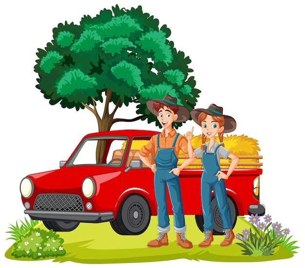 Casal de agricultores com um camião vermelho vector