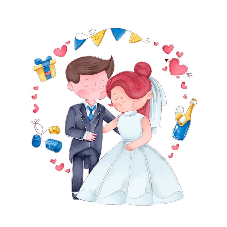 Vetor grátis casal de casamento ilustração aquarela com moldura