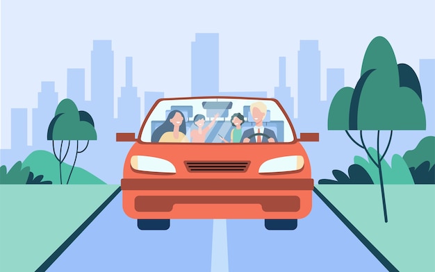 Casal de família feliz e duas crianças andando no carro. pai dirigindo automóvel. vista frontal. ilustração vetorial para viagens, viagens rodoviárias, conceito de transporte